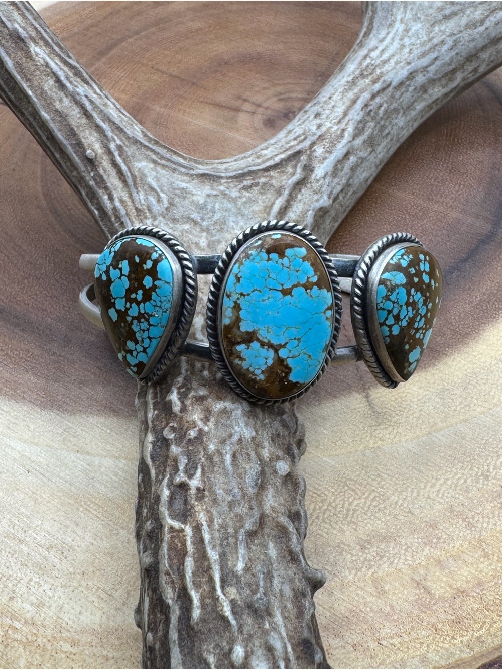 #8 Turquoise Three-Stone Cuff Bracelet set in Sterling Silver